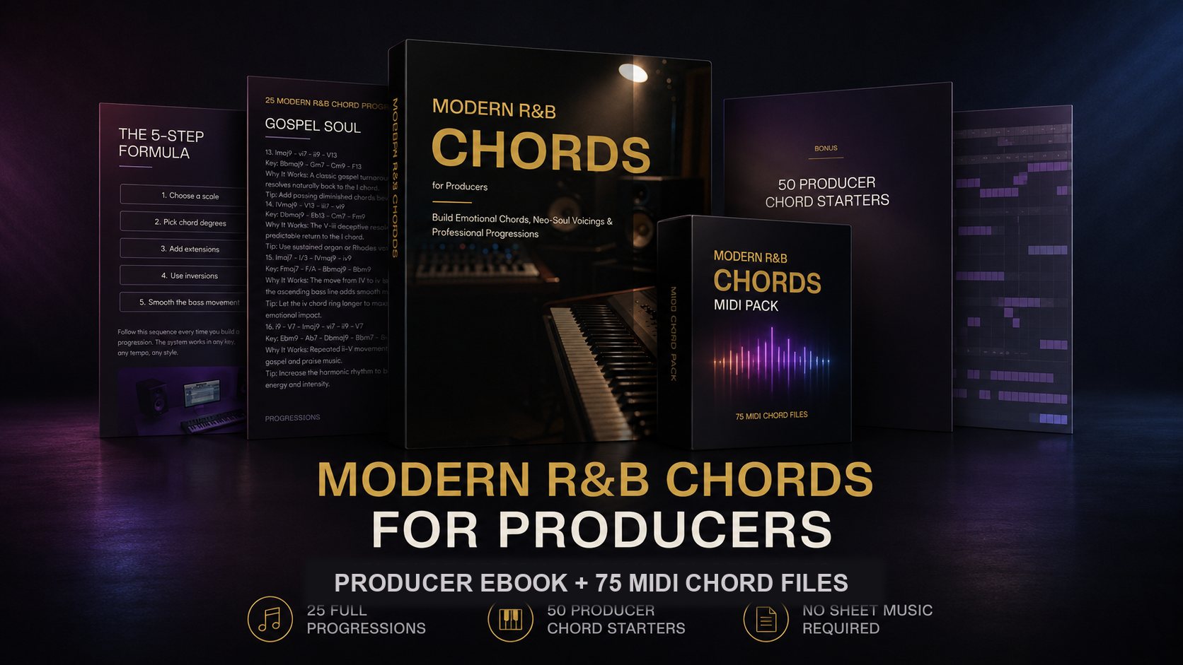 Modern R&B Chords for Producers book mockup on a dark studio desk