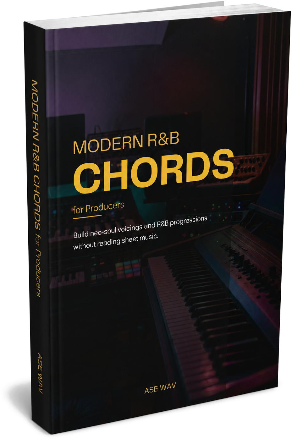 Modern R&B Chords for Producers book displayed in a recording studio