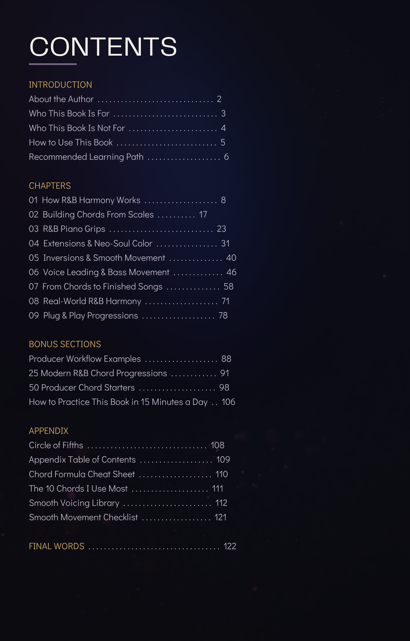 Contents page showing the chapters, bonuses, and appendices